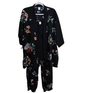 Japna Lounge Black Floral Silky Kimono Wide Pants Camisole Lounge Set Size XL
